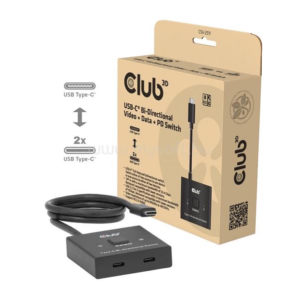 CLUB 3D CSV-2511 USB Hub (USB-C to 2xUSB-C, Bidirectional, 100W PD, 8K60Hz/4K120Hz)