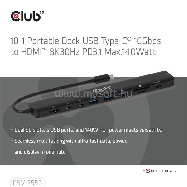 CLUB 3D CSV-2550 USB Hub (USB-C to 3xUSB-C, 3xUSB-A, RJ45, SD/MicroSD, 140W PD, HDMI, 8K30hz)