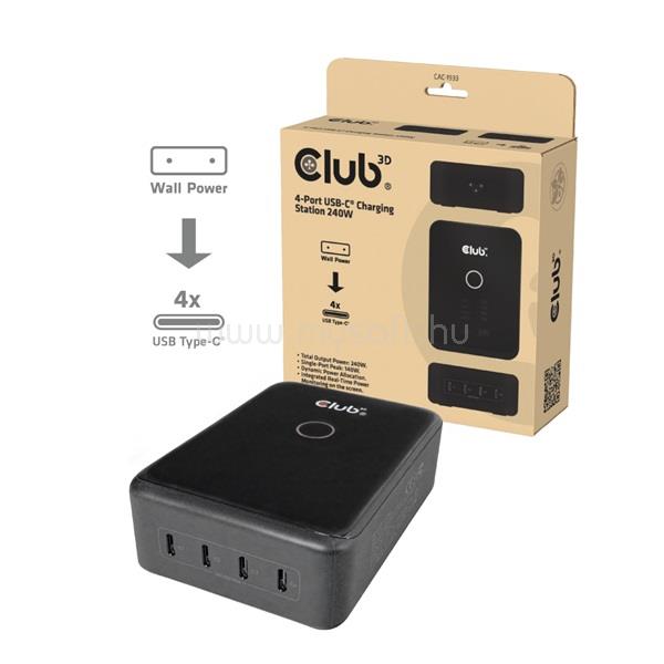 CLUB 3D Hálózati Adapter - CAC-1933 (240W GaN, 4x USB-C, PD3.1, PPS + LED kijelző)