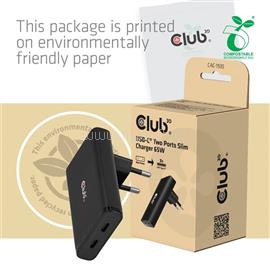 CLUB 3D Hálózati Adapter - CAC-1935 (65W 2xUSB-C, PD3.1, túltöltés védelem, kicsi méret, fekete) CAC-1935 small