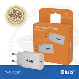 CLUB 3D CAC-3020 hálózati adapter  (2db/csomag, 30W USB-C, PD3.0, túltöltés védelem, kicsi méret, fehér) CAC-3020 small