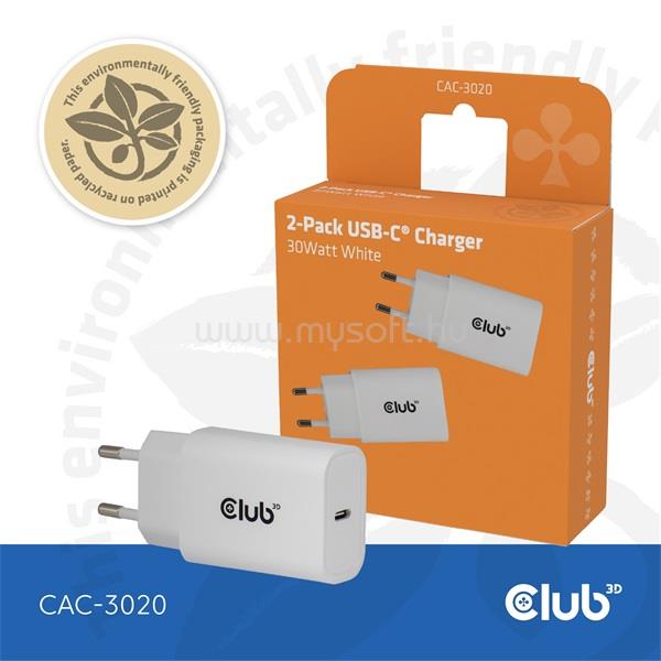 CLUB 3D CAC-3020 hálózati adapter  (2db/csomag, 30W USB-C, PD3.0, túltöltés védelem, kicsi méret, fehér)