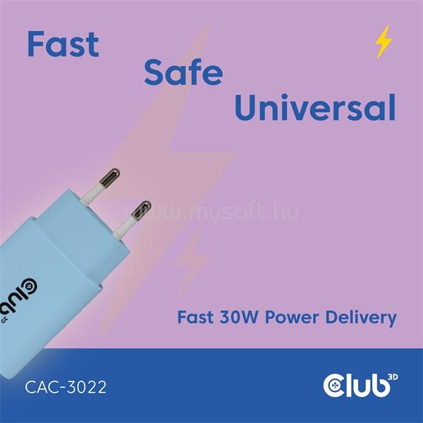 CLUB 3D Hálózati Adapter - CAC-3022 (2db/csomag, 30W USB-C, PD3.0, túltöltés védelem, kicsi méret, kék)