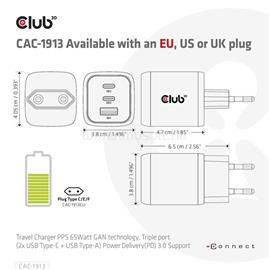 CLUB 3D Hálózati töltő - CAC-1913EU (65W GAN technol. Triple port 2xUSB-C 1xUSB-A PD 3.0) CAC-1913EU small