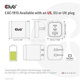 CLUB 3D Hálózati töltő - CAC-1913EU (65W GAN technol. Triple port 2xUSB-C 1xUSB-A PD 3.0) CAC-1913EU small