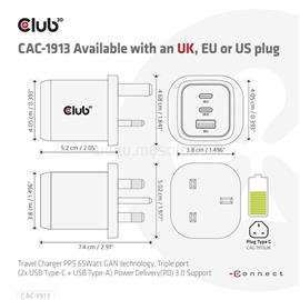 CLUB 3D Hálózati töltő - CAC-1913EU (65W GAN technol. Triple port 2xUSB-C 1xUSB-A PD 3.0) CAC-1913EU small