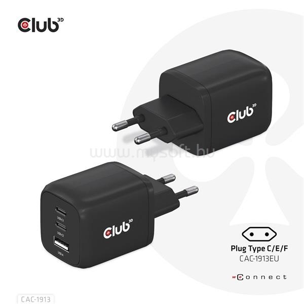 CLUB 3D Hálózati töltő - CAC-1913EU (65W GAN technol. Triple port 2xUSB-C 1xUSB-A PD 3.0)