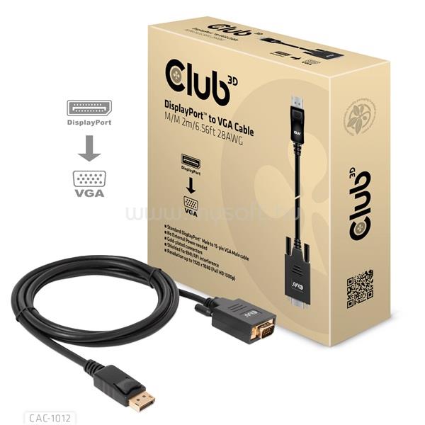 CLUB 3D Kábel - CAC-1012 (DisplayPort to VGA, 2m, 28AWG, Full HD 1080p, Aranyozott csatlakozók)