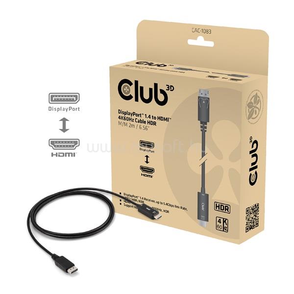 CLUB 3D Kábel - CAC-1083 (DP1.4 to HDMI 2.0, aktív adapter, 4K60Hz, HDR, 2m)
