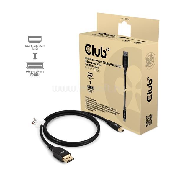 CLUB 3D Kábel - CAC-1116 (MiniDP to DP, DP80, Bidirekcionális, VESA, 4K240Hz, 8K60Hz, 10K60Hz, 1m)