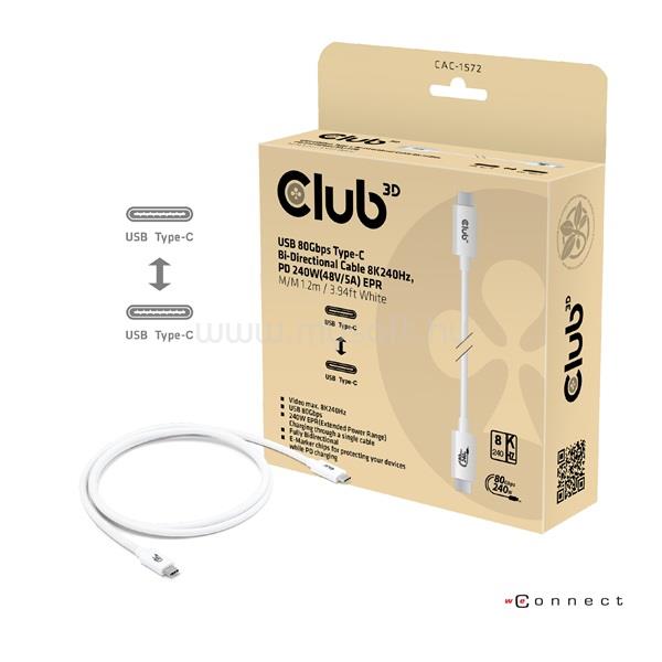 CLUB 3D Kábel - CAC-1572 (USB4 Type-C, 240W PD, 80Gbps, 8K240Hz, 4K540Hz, bidirectional, 1,2m, fekete)