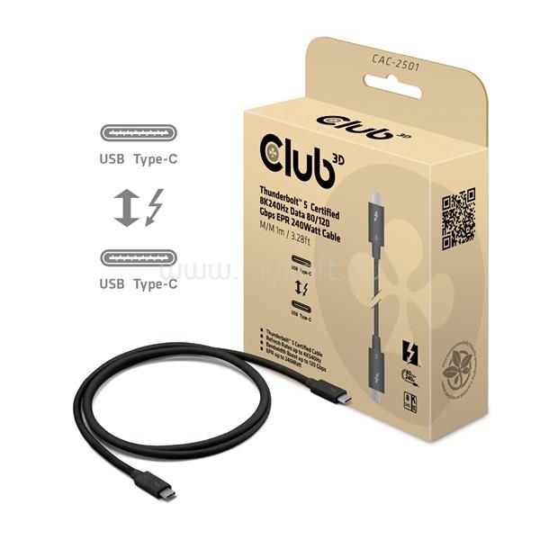 CLUB 3D Kábel - CAC-2501 (Thunderbolt 5 USB-C to USB-C, 240W, 80/120 Gbps, EPR, 8K240Hz, 1m)