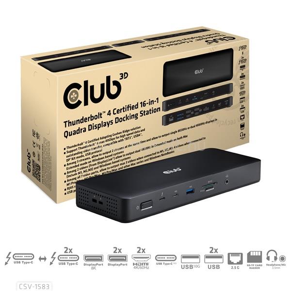 CLUB 3D Notebook Dokkoló - CSV-1583 (2xThunderbolt 4, 3xDP, 2xHDMI, USB-C, 3xUSB-A, SD, TF, RJ45, 3,5 Jack, 140W DC)