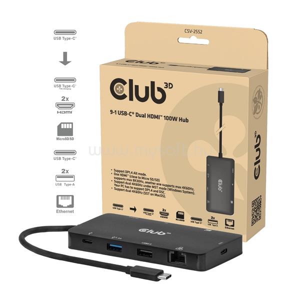 CLUB 3D USB Hub - CSV-2552 (USB-C to 2xUSB-C, 2xUSB-A, 2xHDMI, RJ45, SD/MicroSD, 100W PD, 4K60hz)