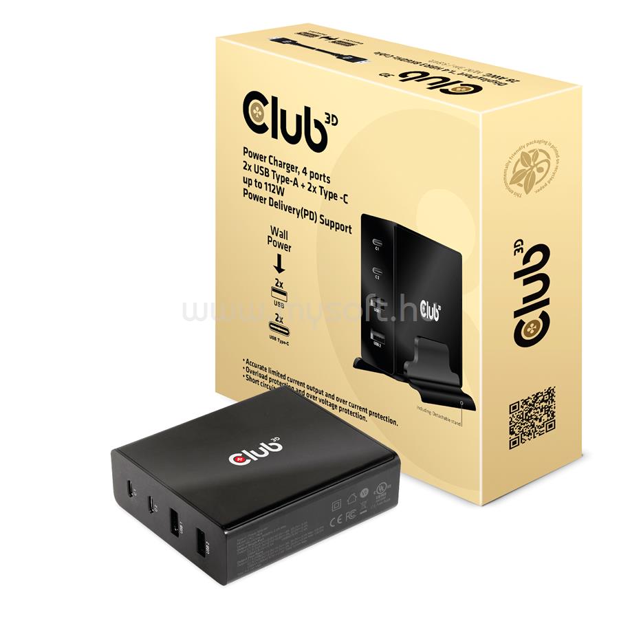 CLUB3D 4 ports, 2x USB Type-A 2x Type-C up to 112W Power Charger