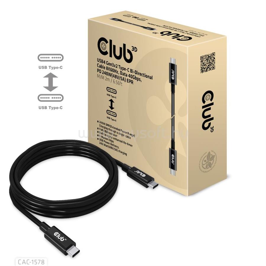 CLUB3D KAB USB4 Gen3x2 Type-C 2m kábel