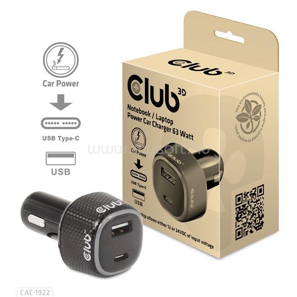 CLUB3D Notebook / Laptop Car Charger 63 Watt autós töltő
