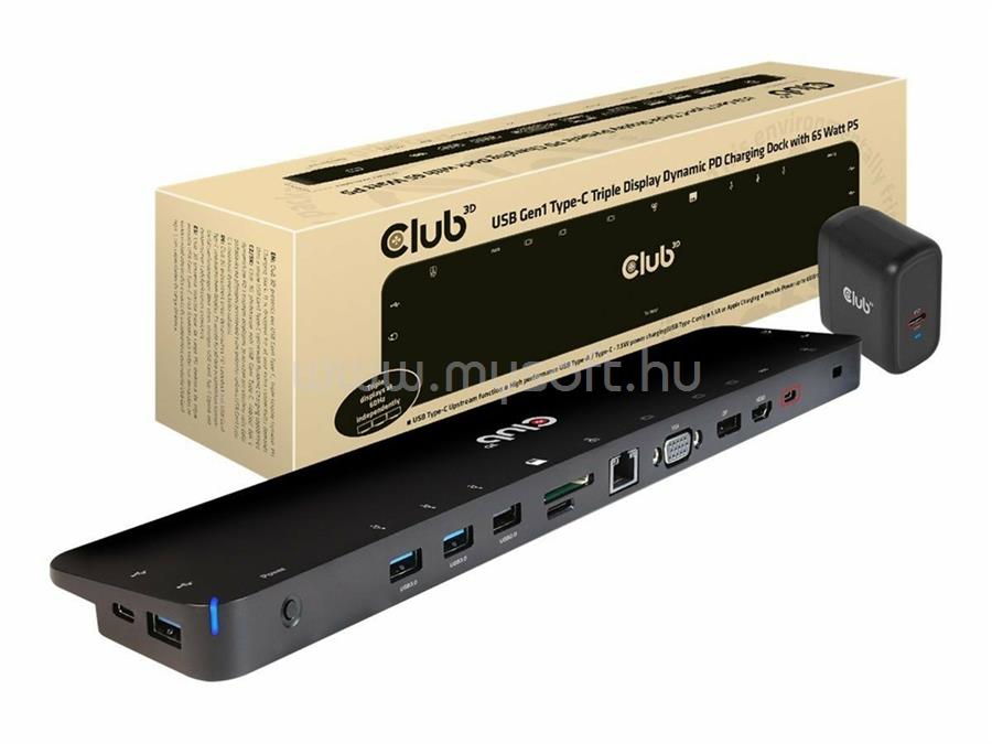 CLUB3D USB USB Gen1 Type-C Triple Display Dynamic PD Charging Dock with 65 Watt PS