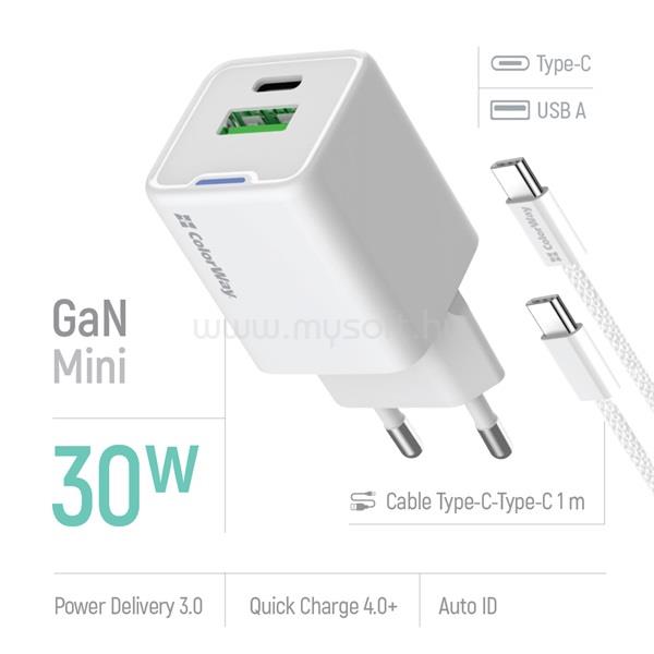 COLORWAY AC töltő GaN Mini CW-CHS053PDC-WT 30W PD port PPS USB (Type-C PD + USB QC4.0) kábel Type-C CW-CHS053PDC-WT large