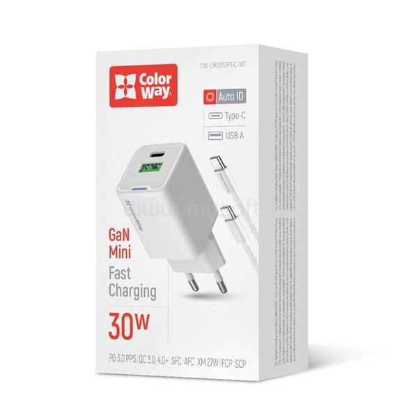 COLORWAY AC töltő GaN Mini CW-CHS053PDC-WT 30W PD port PPS USB (Type-C PD + USB QC4.0) kábel Type-C CW-CHS053PDC-WT large