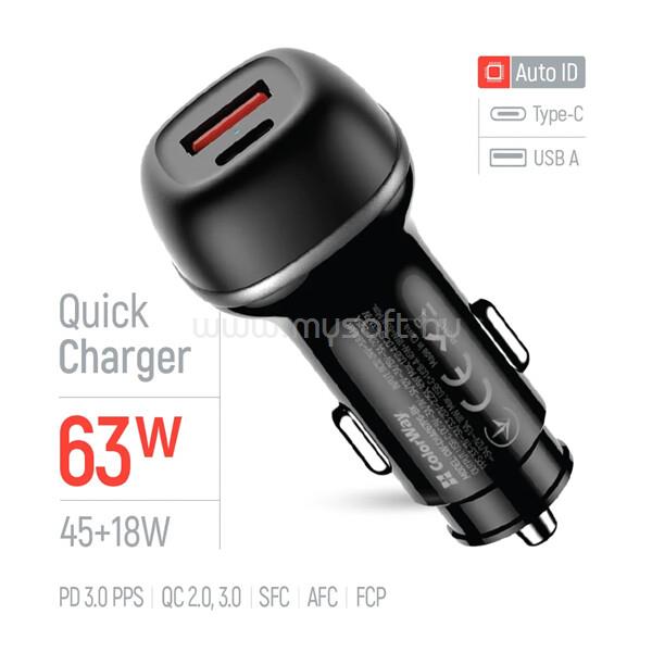 COLORWAY Autós töltő, CW-CHA067PD-BK, 2xUSB (Type-C PD45W + USB QC3.0 18W) (63W), fekete CW-CHA067PD-BK large