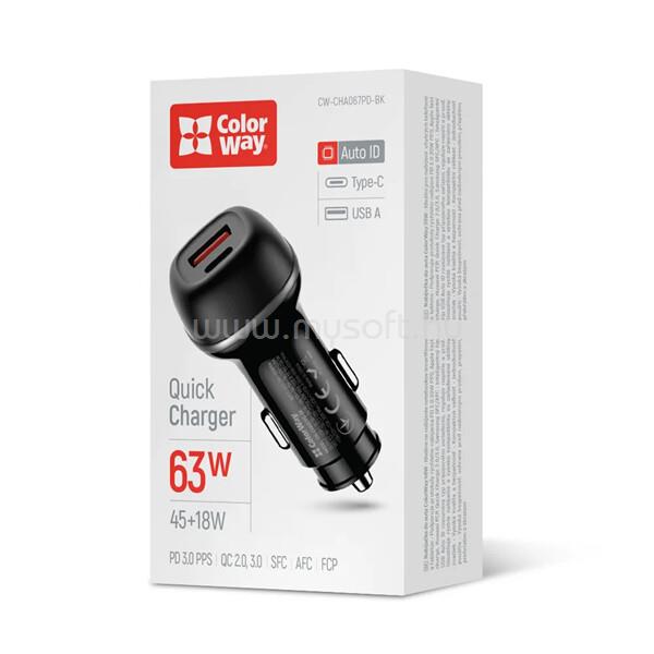 COLORWAY Autós töltő, CW-CHA067PD-BK, 2xUSB (Type-C PD45W + USB QC3.0 18W) (63W), fekete CW-CHA067PD-BK large