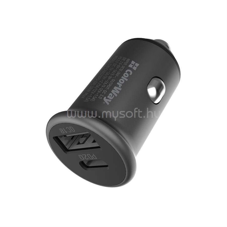 COLORWAY CW-CHA029PD-GR autós töltő 2xUSB (Type-C PD20W + USB QC3.0 ) (38W) szürke CW-CHA029PD-GR large