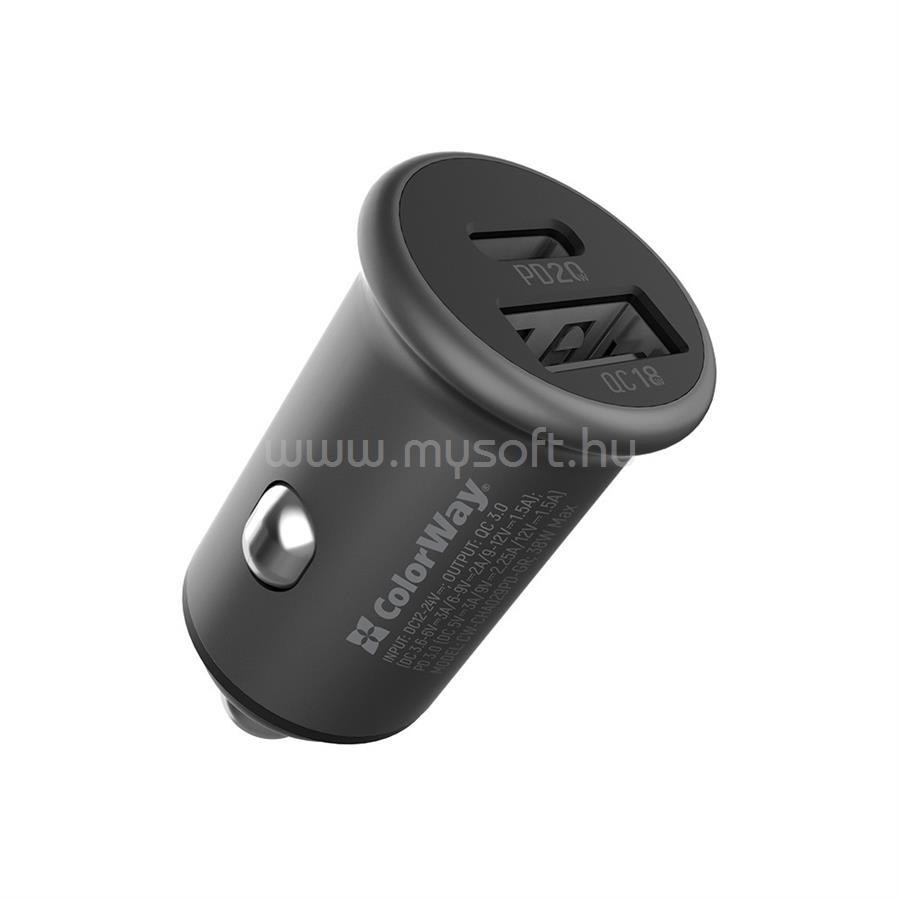 COLORWAY CW-CHA029PD-GR autós töltő 2xUSB (Type-C PD20W + USB QC3.0 ) (38W) szürke