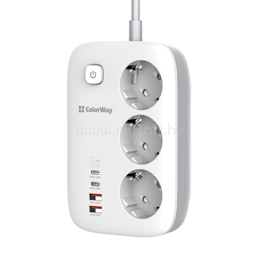 COLORWAY CW-CHE34PDW hálózati elosztó, 3 dugalj, 4xUSB (2xUSB-A, 2XTYPE-C) GaN3 Pro PD 2m, 65W (fehér) CW-CHE34PDW large
