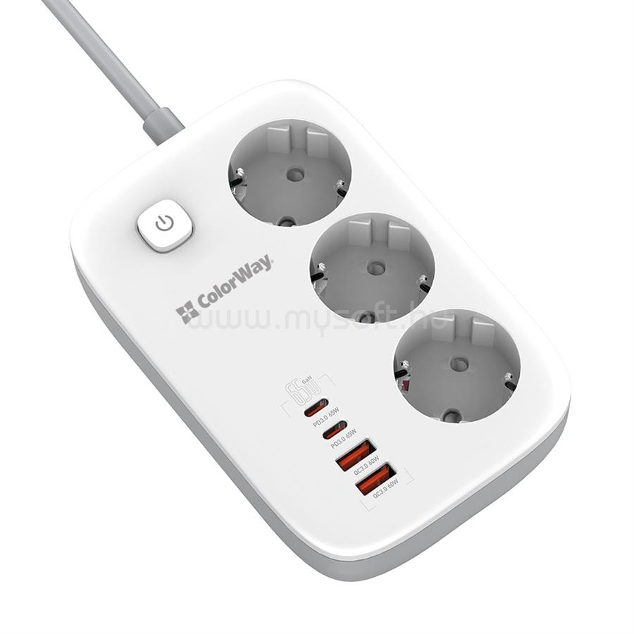 COLORWAY CW-CHE34PDW hálózati elosztó, 3 dugalj, 4xUSB (2xUSB-A, 2XTYPE-C) GaN3 Pro PD 2m, 65W (fehér) CW-CHE34PDW large
