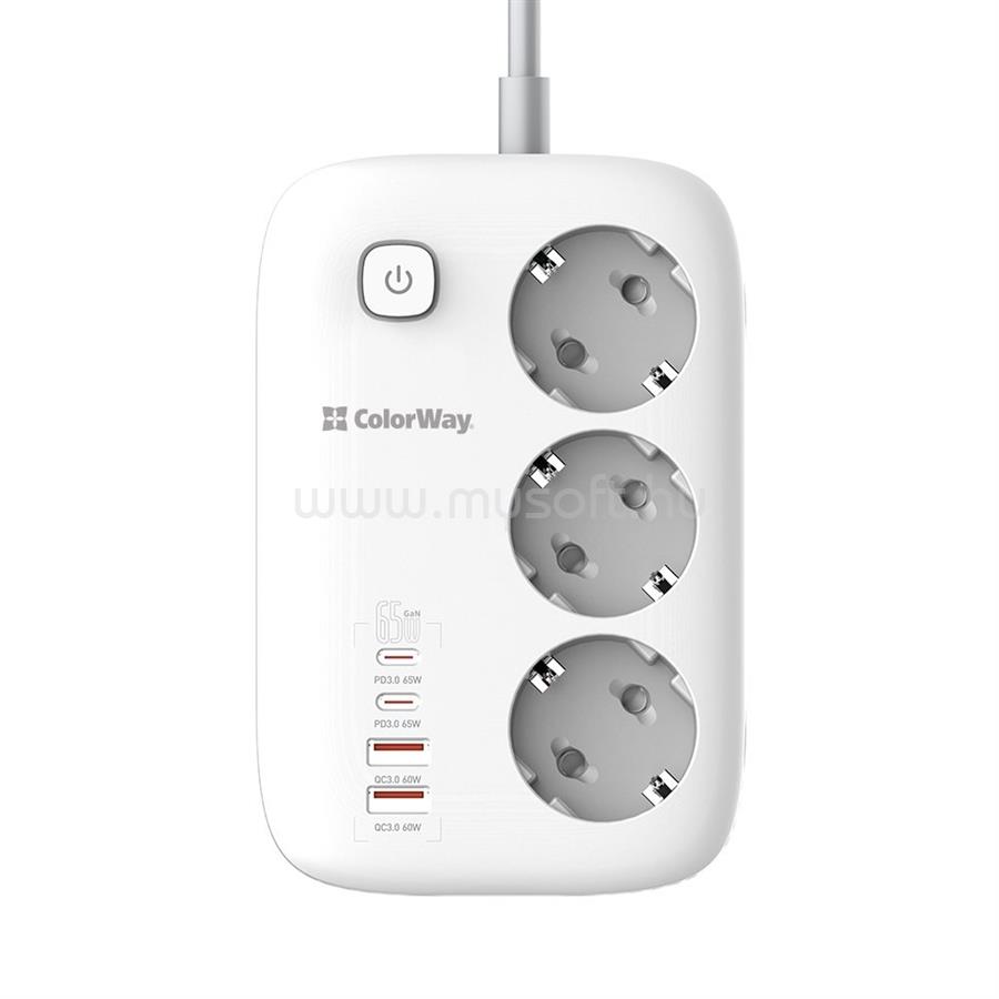 COLORWAY CW-CHE34PDW hálózati elosztó, 3 dugalj, 4xUSB (2xUSB-A, 2XTYPE-C) GaN3 Pro PD 2m, 65W (fehér)