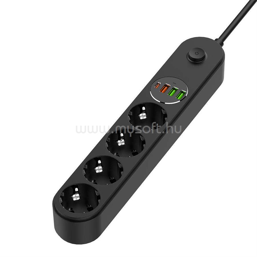 COLORWAY CW-CHE44PDB hálózati elosztó 4 tápcsatlakozó/4USB (C típusú PD20W + 3USB QC3.0) (45W) Fekete 2M