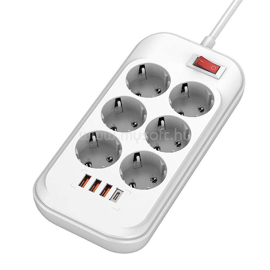 COLORWAY CW-CHE64PDW hálózati elosztó, 6 tápcsatlakozó/4USB (C típusú PD20W + 3USB QC3.0) (38W) Fehér 2M