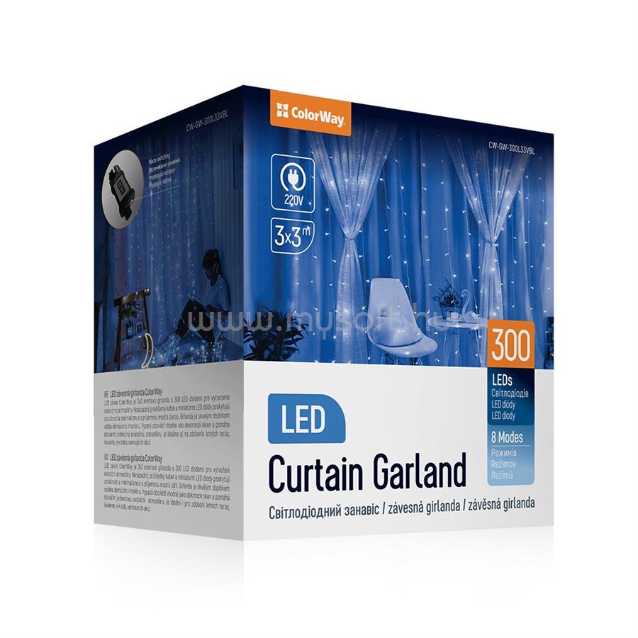 COLORWAY LED szalag, LED garland curtain (curtain) 3x3m 300LED 220V blue color