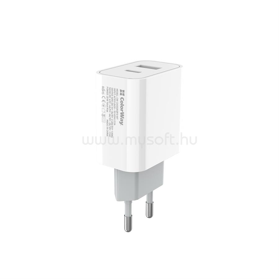 COLORWAY USB töltő adapter, (Type-C PD + USB QC3.0) (20W) V2 white CW-CHS025QPD-WT large
