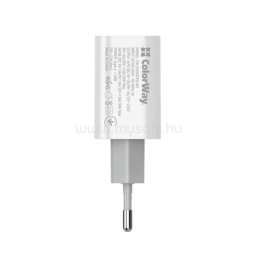 COLORWAY USB töltő adapter, Power Delivery Port PPS USB (Type-C PD + USB QC3.0) (30W) white (CW-CHS037PD-WT) CW-CHS037PD-WT large