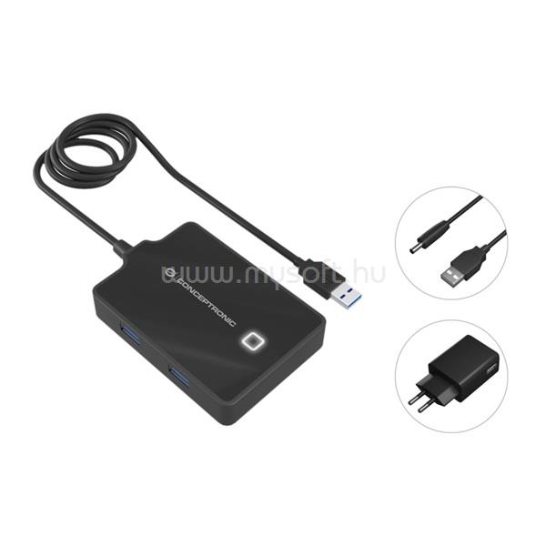 CONCEPTRONIC Aktív USB Hub - HUBBIES11BP (4 port, USB3.0, 90cm kábel, Hálózati táp, fekete)
