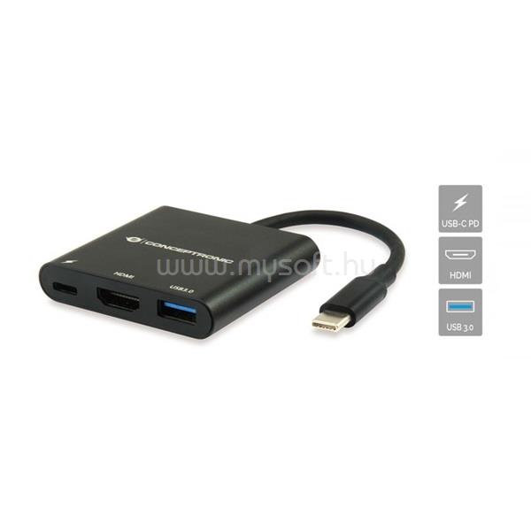 CONCEPTRONIC DONN01B notebook dokkoló (Bemenet: USB-C, Kimenet: HDMI+USB-C PD:60W+USB-A 3.0, fekete)