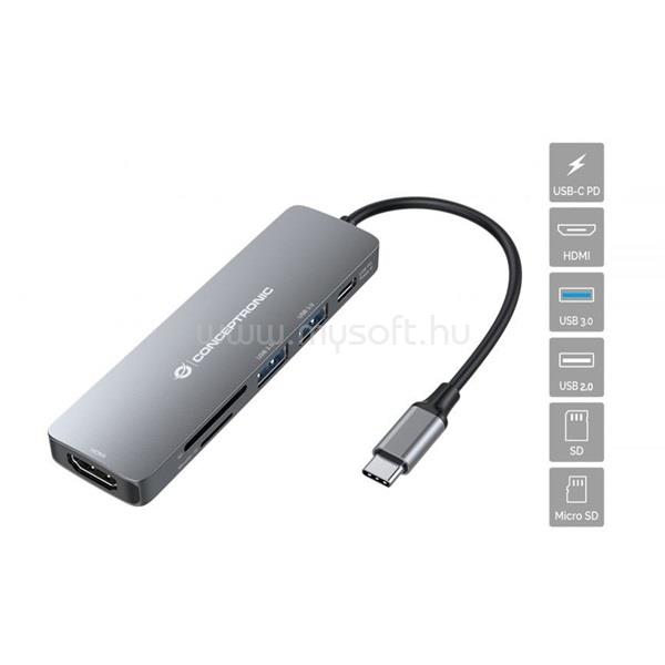 CONCEPTRONIC Notebook Dokkoló - DONN11G (Bemenet: USB-C, Kimenet: HDMI+USB-C PD:60W+USB-A 3.0+2.0, ezüst)