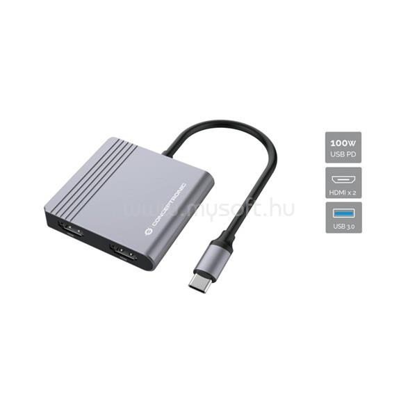 CONCEPTRONIC DONN13G notebook dokkoló (Bemenet: USB-C, Kimenet: 2xHDMI+USB-C PD:100W+USB-A, ezüst)