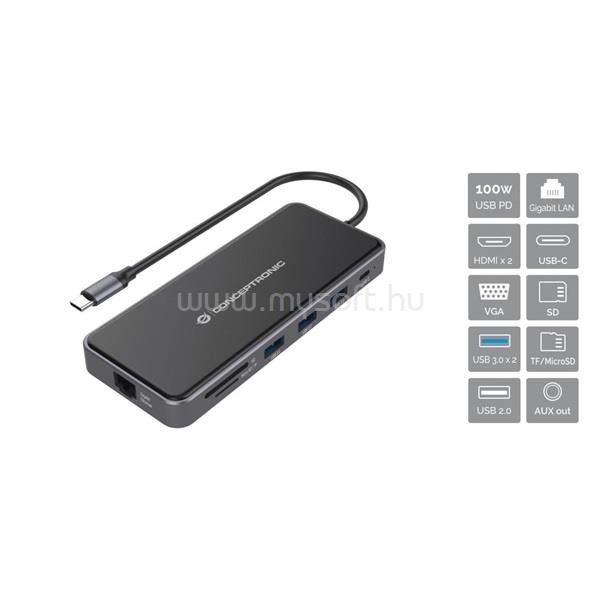 CONCEPTRONIC Notebook Dokkoló - DONN15G (Bemenet: USB-C, Kimenet: 2xHDMI+VGA+USB-C PD:100W+3xUSB-A+RJ-45+SD/TF+AUX)