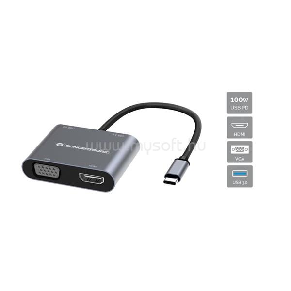 CONCEPTRONIC Notebook Dokkoló - DONN16G (Bemenet: USB-C, Kimenet: HDMI+VGA+USB-A PD:100W, ezüst)