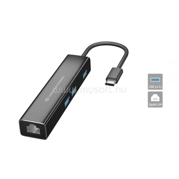 CONCEPTRONIC USB Hub - DONN07B (USB-C to 3xUSB-A 3.0+RJ-45, fekete)