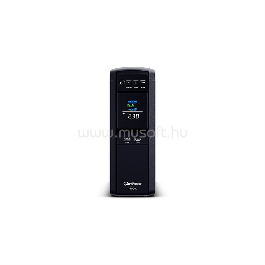 CYBERPOWER UPS gaming, 6xSCHU,2xUSB 1600VA 1600W 230V, színuszus szünetmentes tápegység,LINE-INTERAKTÍV, AVR, színes LCD