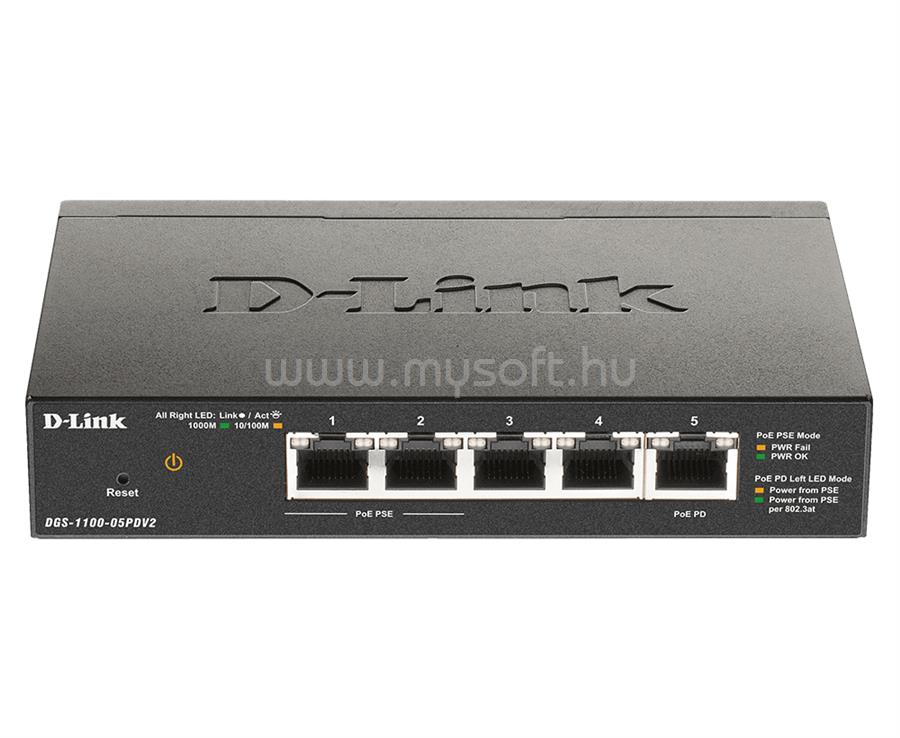 D-LINK DGS-1100-05PDV2 Switch 5x1000Mbps(2xPOE) Fémházas Asztali Menedzselhető