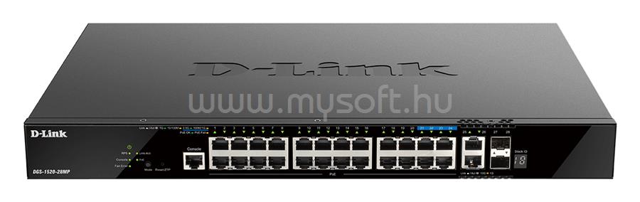 D-LINK DGS-1520-28MP Switch 24x1000Mbps(24xPOE) + 2x10G + 2xGigabit SFP+ Menedzselhető Rackes