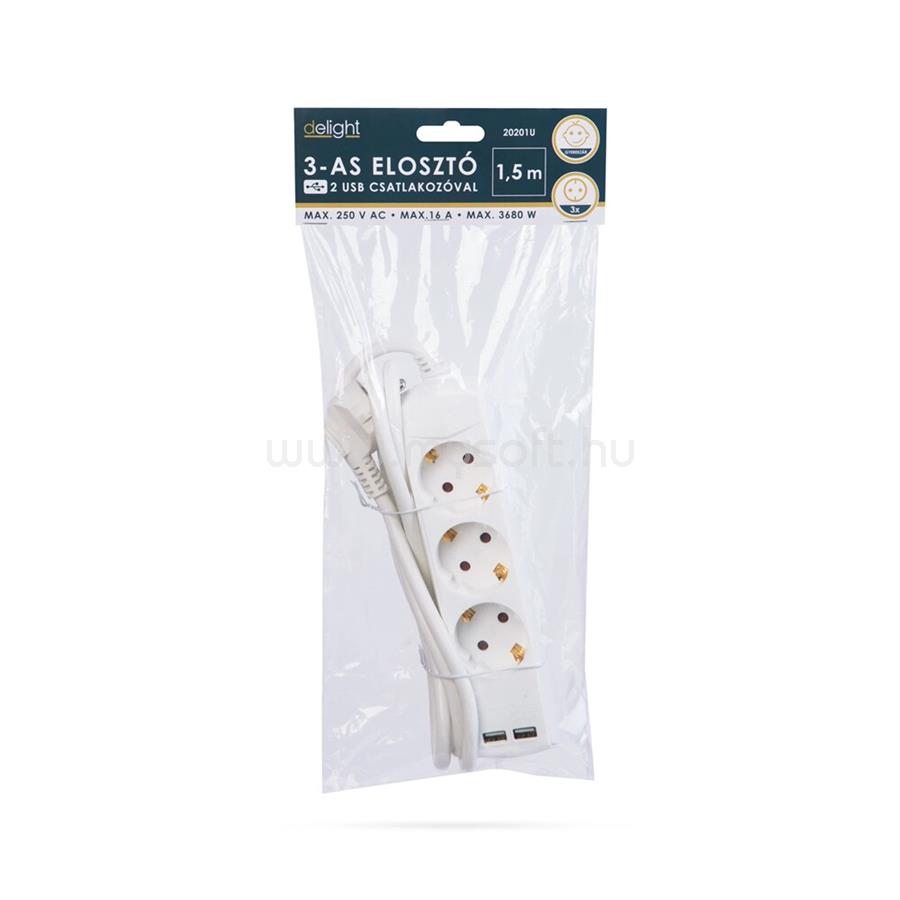 DELIGHT ELOSZTÓ 3-AS, 1,5 M  2 X USB-VEL
