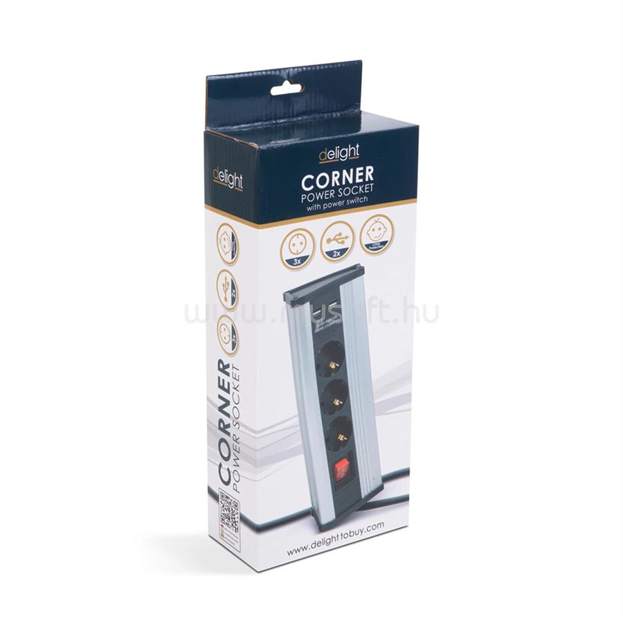 DELIGHT SAROKELOSZTÓ KAPCSOLÓVAL 3 X 250V, 16A, 2 X USB