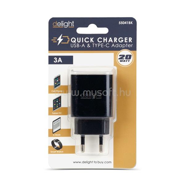 DELIGHT Telefon töltő  - 1db Type-C + 1db USB PD20W gyorstöltéssel, Fekete
