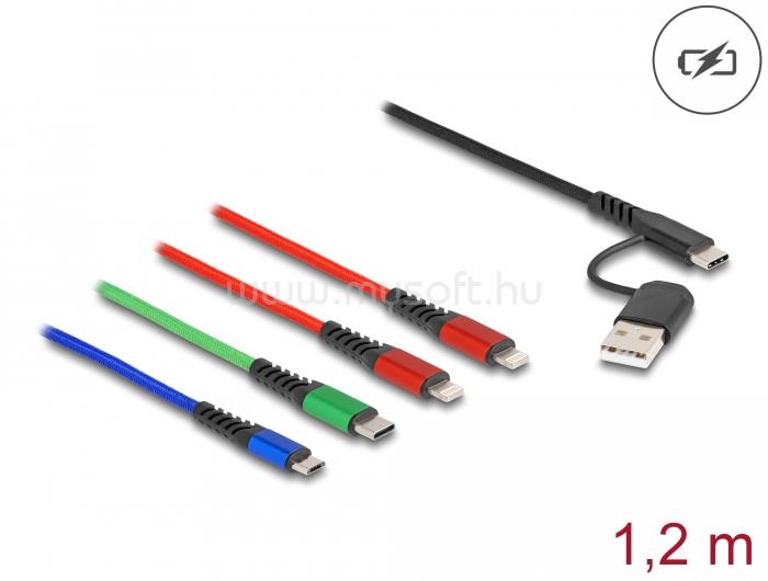 DELOCK 1,20 m hosszú, USB töltő kábel 4 az 1 A-típusú USB + USB-C apa 2 x Lightning-, Micro USB- és USB Type-C csatlakozáshoz